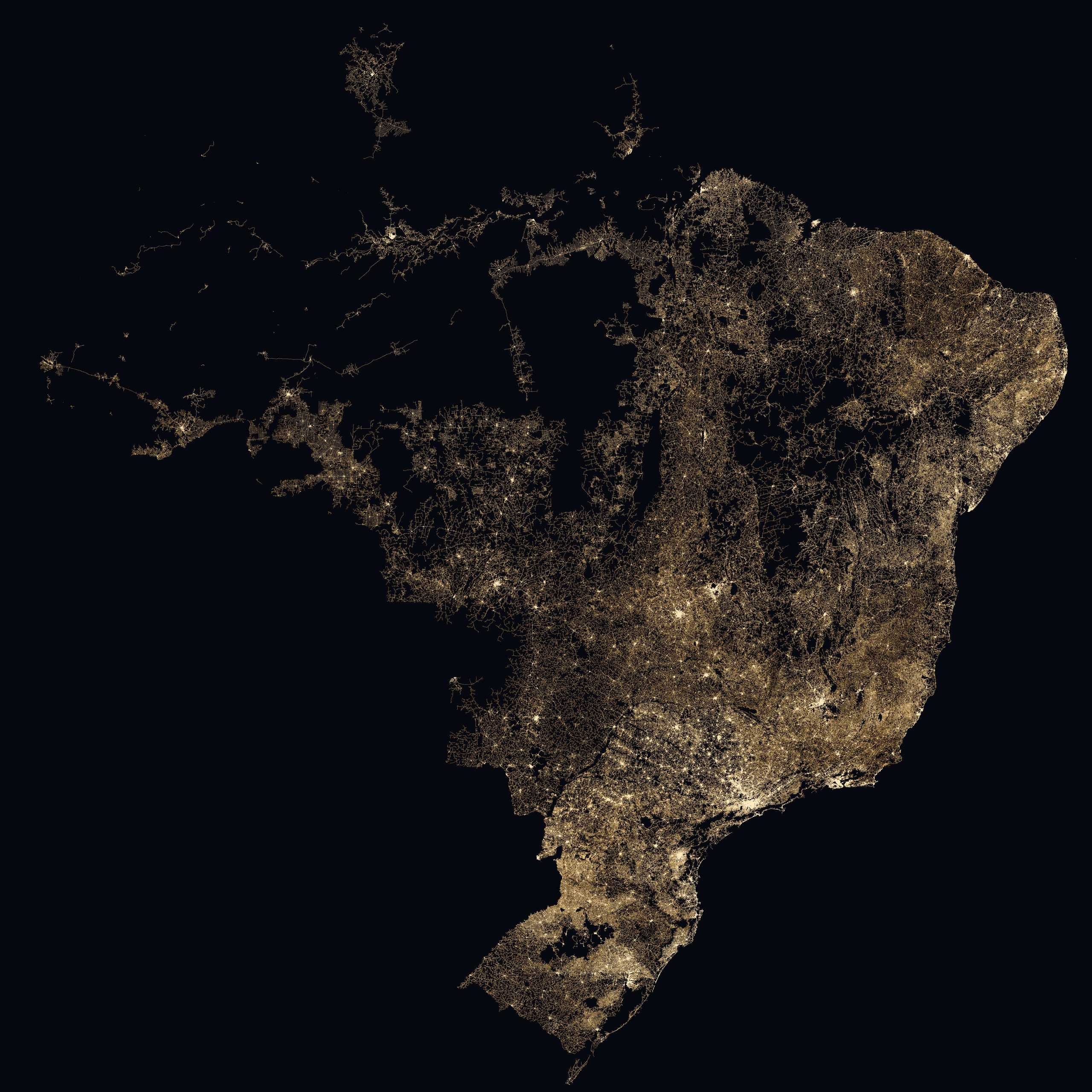 O Brasil desenhado pela própria rede de distribuição — cada traço é um vão de média tensão da BDGD ano-base 2024